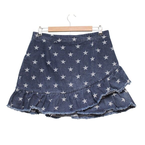 Mittoshop Dresses & Skirts - NWT Denim Mini Skirt Large Distressed Tiered Layered Stars USA Festival Boho